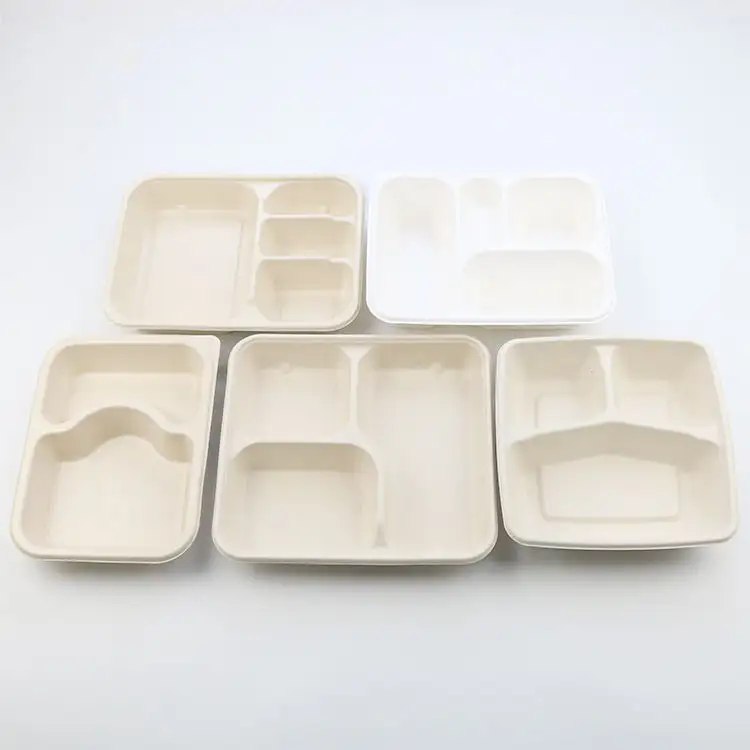 5 Compartment Greaseproof Fast Food Tray Square Sugarcane Bio Degradable Bagasse Dinner Round Paper Plate For Party Restaurant