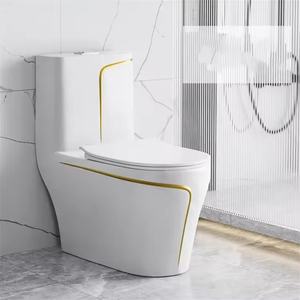 Inodoro de Cerámica de Una Pieza, Moderno y de Lujo, con Detalles en Dorado, Descarga por Sifón, para Baño de Hotel, Villa u Hogar Moderno - Product Image 3