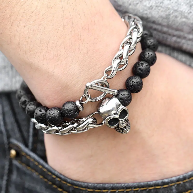 Lava Stone Bracelet Stainless Steel Double Layered Wheat Link Skull Charm Bracelets Jewelry For Men