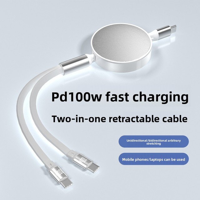 100W 2-in-1 Type-C to Double Type-C Telescopic Charging & Data Transfer Cable for Laptop Mobile Phones & Car-Fast Charge 1.2m