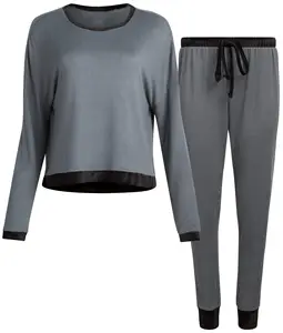 Camicia da notte a maniche lunghe in cotone morbido di alta qualità in bianco e 2 pezzi e pantaloni da jogging Set pigiama da donna