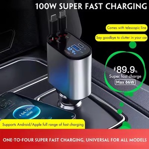 Intrekbare Autolader, 4 In 1 Snelladende Autolader <span class=keywords><strong>120W</strong></span>, Intrekbare Kabel En 2 Usb-Poorten Autolader Adapter Compatibel - Product Image 4