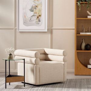 Poltrona Moderna OEM&ODM in Stile <span class=keywords><strong>Crema</strong></span> per Soggiorno, Sedia Girevole Effetto Lino con Braccioli Arrotondati, Poltrona Relax - Product Image 2