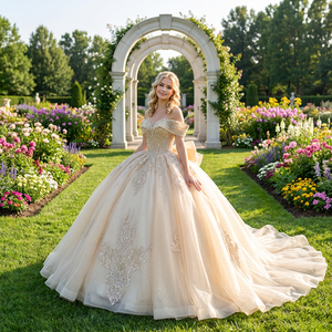 Robe de bal de Quinceañera princesse couleur bonbon champagne, style princesse, avec broderie en dentelle et sequins, longueur ras du sol, traîne chapelle - Product Image 1