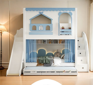 Lit <span class=keywords><strong>de</strong></span> princesse multifonctionnel en bois massif avec toboggan et armoire, lit superposé pour enfants avec toboggan - Product Image 1