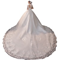 Robe de mariée de luxe personnalisée, broderie vintage, col montant, manches trois-quarts, blanche, 2026, avec traîne royale et sequins