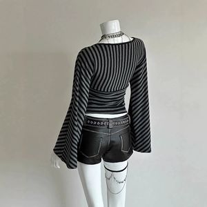 T-shirt rayé slim à col en V et manches micro-évasées, plissé croisé, style Y2K Dark Sweet Cool, pour femme, collection <span class=keywords><strong>d</strong></span>ébut de printemps - Product Image 4