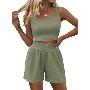 Ensemble de salon pour femmes, deux pièces, sans manches, short <span class=keywords><strong>taille</strong></span> haute, tenues d'été - Product Image 1