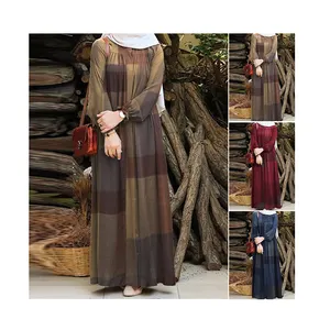 Autumn Clothing Plaid Linen Retro Cotton And Linen fabric Loose Waist Long Abaya From Turkey Women Muslim Dress