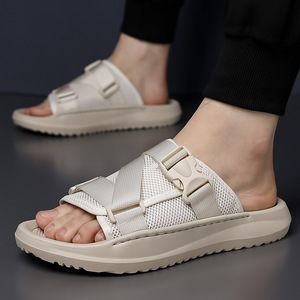 Men Summer Solid Mesh <b>Slides</b> Open Toe Breathable EVA Sole Casual Beach Sandals Buckle Strap White Lining - Product Image 3