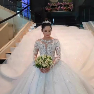 Wedding Dress Ball Gown Long Sleeve Lace Sweetheart Neckline Princess Waist White Vintage Style Full Length Train - Product Image 4