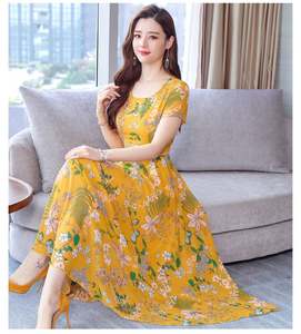 फैशन नई महिलाओं ने गर्मियों की छोटी आस्तीन ओ-गर्दन के घुटने की लंबाई वाले पुष्प-हल्के हल्के-लाइन पोशाक - Product Image 3