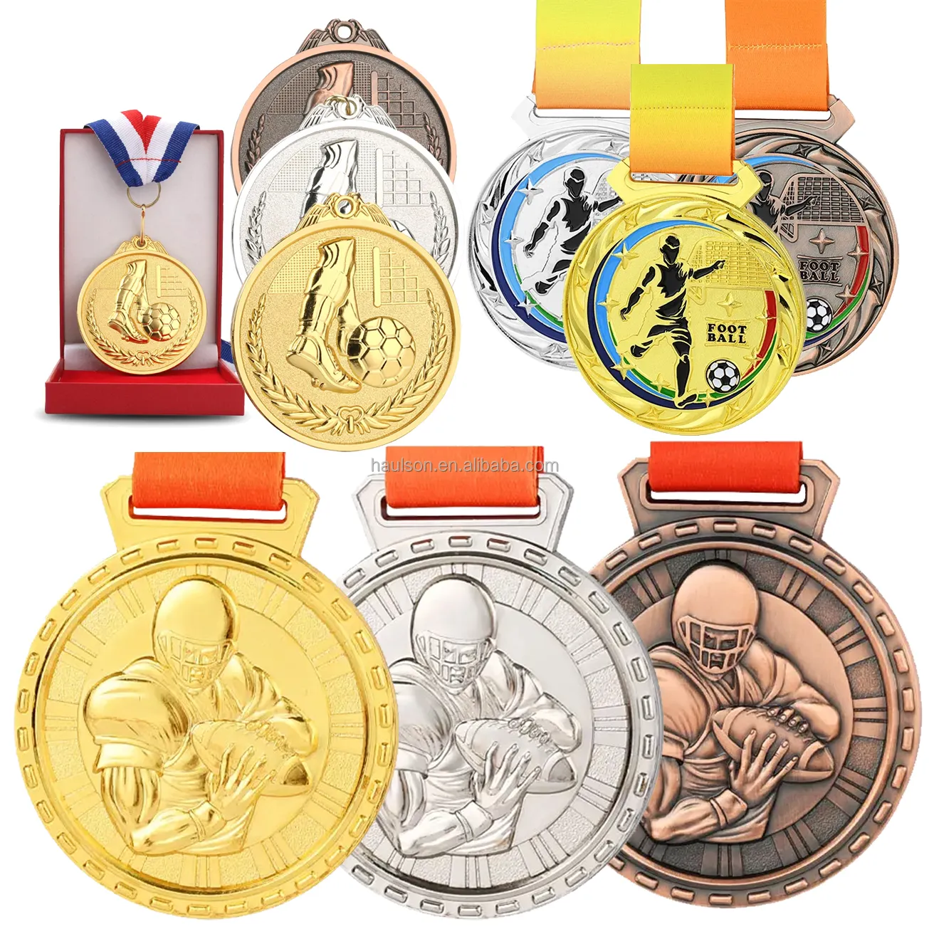 Medalhas esportivas de futebol por atacado, ouro, prata e bronze, medalhas de liga de zinco, equipamentos escolares, troféu e medalhas de campeonato de futebol americano