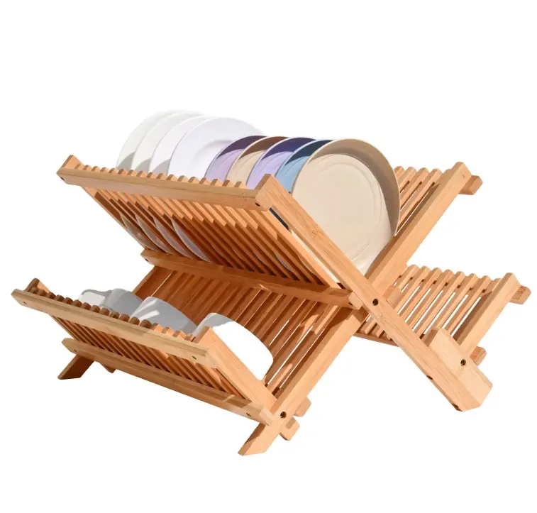 Suporte de madeira para secar pratos, escorredor de pratos de bambu, suporte de 3 camadas dobrável com utensílio para balcão de cozinha