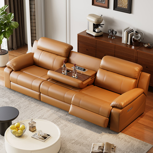 โซฟาปรับเอนไฟฟ้าสุดหรูหราทันสมัย สีส้ม หนังแท้ พร้อมโต๊ะพับเก็บได้ ช่องเสียบ USB ที่ชาร์จแก้ว และระบบ Zero Wall - Product Image 2