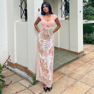 Vestido Maxi de Verano para Mujer con Estampado Floral, Malla y Parches, Cuello en V, Ribete de Encaje, Sin Mangas, Ajuste Delgado, Ideal para Vacaciones - Product Image 6