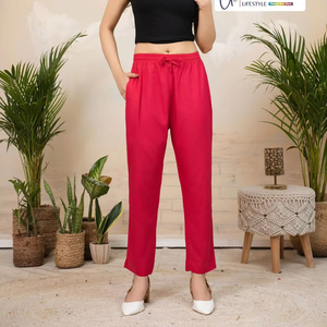 Pantalon de détente en coton rouge pour femme, style legging décontracté et confortable, taille élastique, coupe décontractée, bas de tenue tendance - Product Image 1