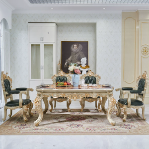 Ensemble de table à manger et de chaises en cuir vert de style européen, meubles français de luxe, dessus en bois, sculpture sur bois doré - Product Image 1