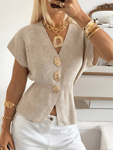 Gilet in maglia <span class=keywords><strong>beige</strong></span> da <span class=keywords><strong>donna</strong></span> con scollo a V e bottoni dorati, maniche a pipistrello, <span class=keywords><strong>cardigan</strong></span> in maglia traspirante vintage casual per la primavera - Product Image 1