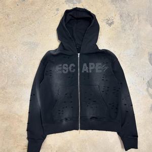 เสื้อฮู้ดดี้ซิปเต็มตัวทรงโอเวอร์ไซส์สไตล์วินเทจพิมพ์ลายสกรีนผ้าไหมแบบยูนิเซ็กซ์  พร้อมดีไซน์ฟอกสีซีดแบบทำเก่าสำหรับผู้ชาย - Product Image 3