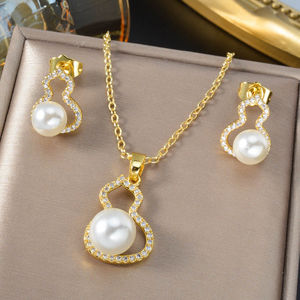 Fashion Wholesale Premium 18k Gold Plated <b>Pearl</b> Zircon <b>Earrings</b> <b>and</b> Pendant <b>Necklace</b> Jewelry <b>Set</b> Women - Product Image 5