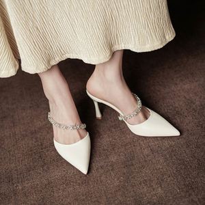 French Style <b>Pointed</b> <b>Toe</b> <b>Mule</b> Sandals, Women's Stiletto Heel Slip-On Shoes with Rhinestone Strap, Elegant Dress Footwear - Product Image 2