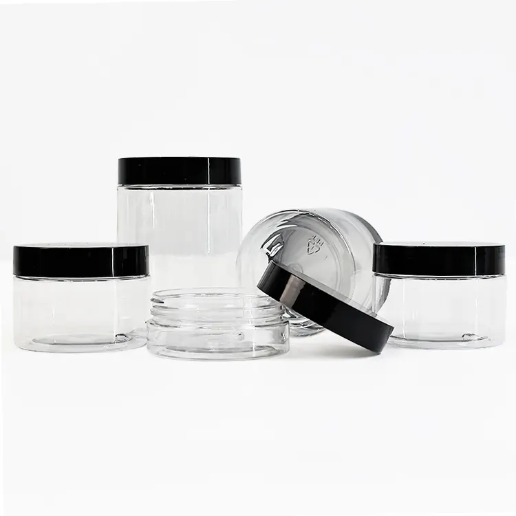 50ml 80ml 100ml 120ml 150ml 200ml 250ml 500ml 8 Oz Ps Pet Clear Cosmetic Cream Jars Conteneur de gommage corporel en plastique avec couvercles noirs