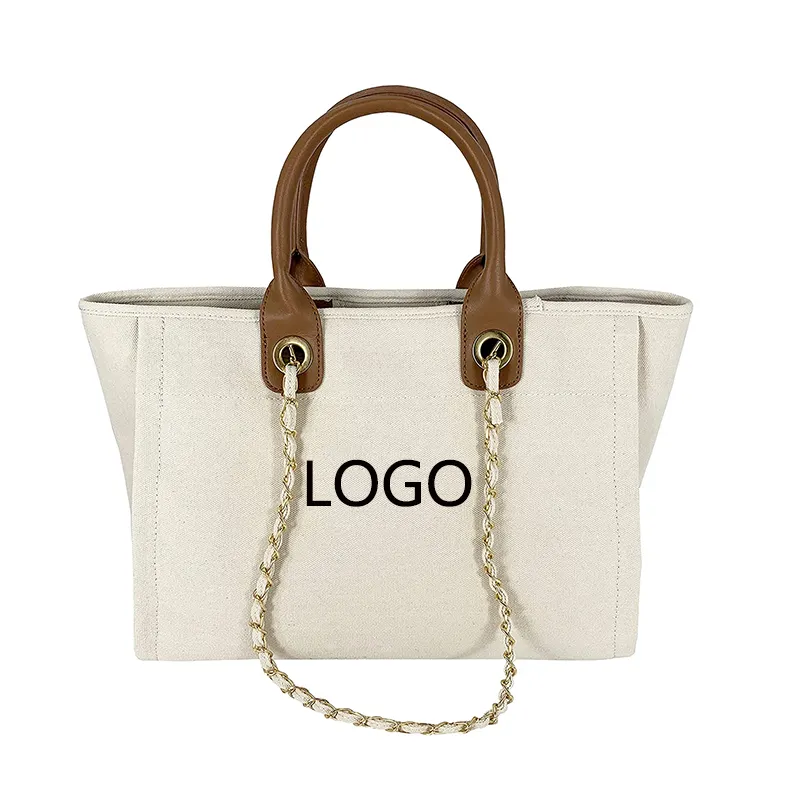 Fashion Women Custom Logo Leather Handle Plain Tote Satchel Canvas Shoulder bag With Chain