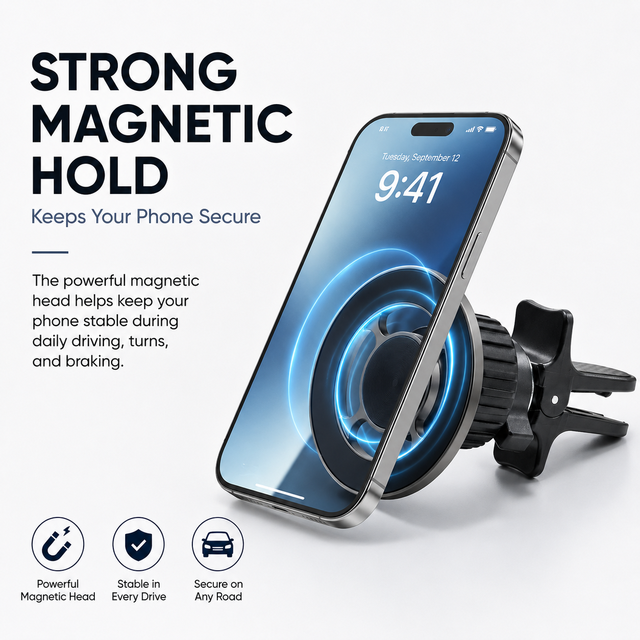 Five-spoke Hollow Metal Ring Magnetic Suction Cup Mount Car Phone Holder Snap-on Clip Universal for MagSafe Smartphones 360