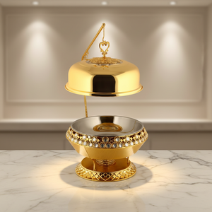 Prêt à expédier – Plat de service rond doré de luxe avec couvercle suspendu pour buffet, chauffe-plats pour mariages et traiteurs (vente en gros) - Product Image 4