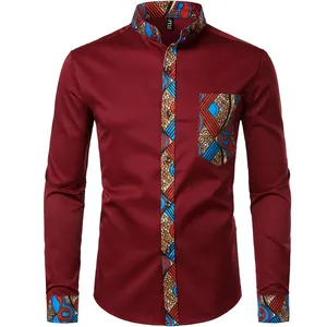 男士潮人拼布设计修身长袖纽扣中国领衬衫