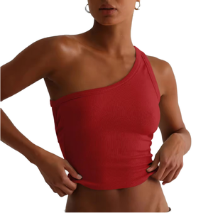 Top corto de verano para mujer, talla europea, sexy, con aberturas, informal, estampado, de poliéster, blanco, con un solo hombro descubierto - Product Image 1