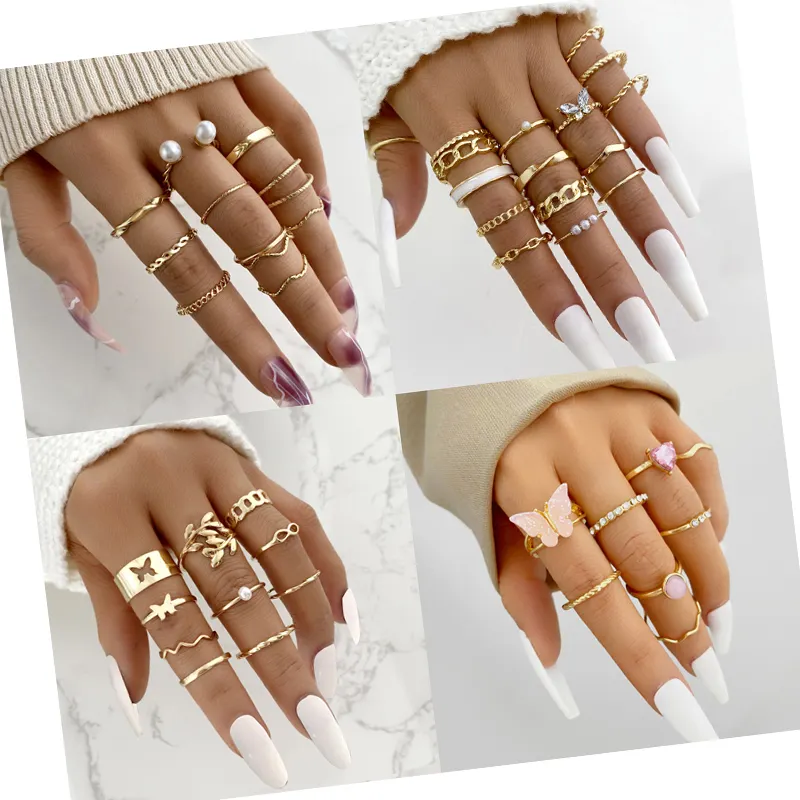 Minimalist Gold Tiny Butterfly Leaf Set Geometric Metal Stacked Finger Rings for Women Girls Party Jewelry