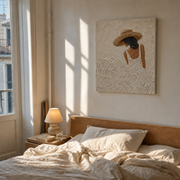 Peinture à l'huile Impasto sur toile, art mural, vue de dos de femme, chapeau de paille, robe rayée, fond en stuc