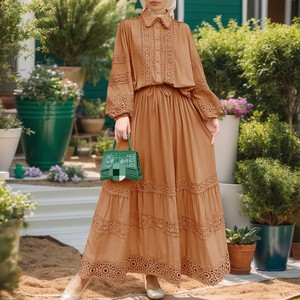 Middle East Muslim Women's Lace Splicing <b>Bubble</b> Sleeve <b>Top</b> Hem Hem Skirt 2 Piece Set Fashion - Product Image 4