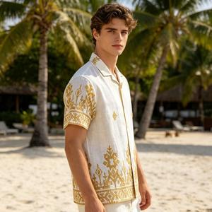 Camisa de lino y algodón con bordado de estampado floral para hombre, camisa informal de manga corta para hombre, camisas de vacaciones en la playa para hombre - Product Image 2