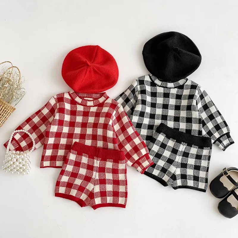 Jacquard Christmas Red Plaid Newborn Baby Boy Girl Beanie Clothing Gifts New Year Winter Knit Sweaters Clothes Sets