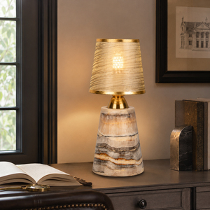 Luxury Natural Onyx Stone Table Lamp with Gold Metal Accents Textured Fabric Shade - Modern <b>Bedside</b> Desk Light for Home Decor - Product Image 1