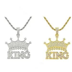 Punk đầy đủ Rhinestone vương miện Vua Mặt Dây chuyền 18K mạ vàng xoắn Chuỗi vòng cổ