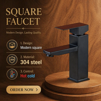 Robinet de lavabo carré en acier inoxydable à trou unique avec eau chaude et froide, finition brossée, mitigeur