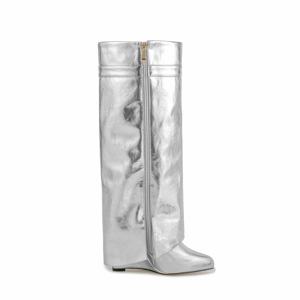 <span class=keywords><strong>Stivali</strong></span> Alti al Ginocchio da <span class=keywords><strong>Donna</strong></span> di Marca Famosa con Tacco a Zeppa, Design Personalizzato in Ecopelle Metallizzata con Lucchetto - Product Image 5