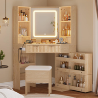 Coiffeuse d'angle avec miroir LED, étagères rotatives, station de charge et tabouret de rangement intégré