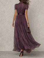 Robe longue élégante Joydressing en mousseline de soie violet foncé, sexy, à col montant, manches bouffantes, froncée, pour soirées, vente en gros, fournisseur personnalisé