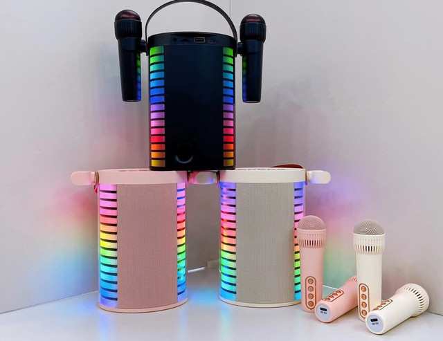 Portable Colorful LED Light Mini Speaker With Dual Mini Wireless Microphone for Home Outdoor Party Karaoke