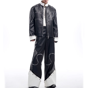 <span class=keywords><strong>Pantaloni</strong></span> da <span class=keywords><strong>uomo</strong></span> di nuova moda a gamba larga rivetti Patchwork in finta pelle lavata svasata <span class=keywords><strong>pantaloni</strong></span> a vita media stile Street ricamati - Product Image 5