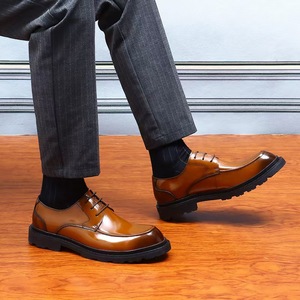 Genuine Leather Men's Oxfords <b>Round</b> Toe Lace-up Dress Shoes Black Brown Patent Finish <b>Cushioned</b> Rubber Sole All Seasons - Product Image 3