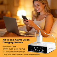 DC822 Lampe de Chevet et de Bureau avec Prise USB-A, Type C, Prise Secteur, Veilleuse LED, Bruit Blanc, Musique et Réveil