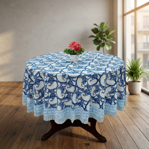 Handmade Modern Cotton Round <b>Table</b> <b>Cover</b>-Wedding & Event Use Blue & White Floral Paisley Design Washable Customizable - Product Image 2
