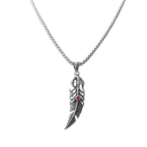 <b>Feather</b> Pendant <b>Necklace</b> Men's Stainless Steel Red Crystal Bezel Setting Retro Punk Style Everyday Wear 120109 - Product Image 4
