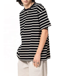 High Quality Unisex's Striped T-shirt <b>Fabric</b> Knitted OEM 100% Cotton 250G Wide Stripes Crew Neck Breathable <b>Retro</b> for All Age - Product Image 2
